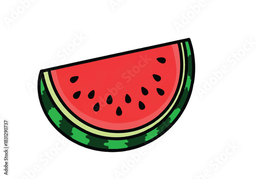 Fresh watermelon slice with black seeds and green rind, delicious summer fruit.