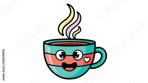 Cute Kawaii Coffee Cup Character with Steam and Happy Face.