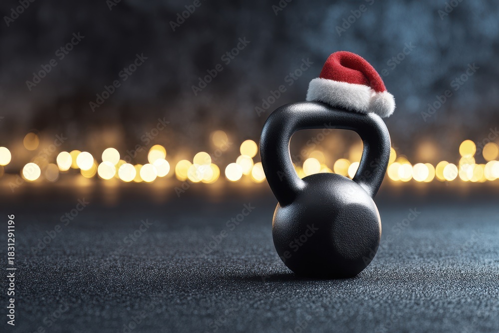 Fototapeta premium A shiny black kettlebell sits on a matte black gym surface, topped with a tiny red and white Santa hat, bathed in bright, playful lighting, evoking a fun holiday spirit