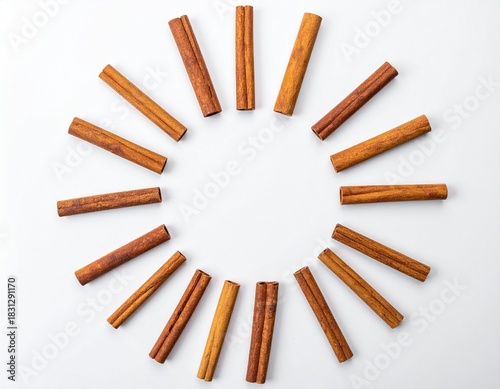 Artistic circular arrangement of various cinnamon sticks on a clean white surface