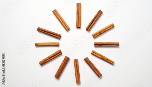Artistic circular arrangement of various cinnamon sticks on a clean white surface