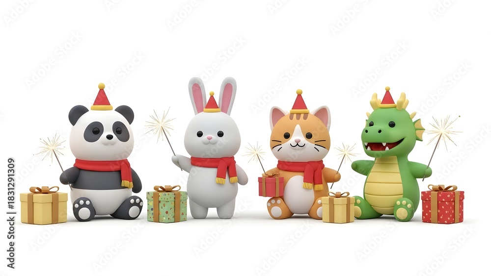 Naklejka premium Festive cartoon animals, including a panda, rabbit, cat, and dragon, celebrating with sparklers and gifts.