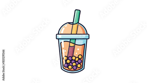 Cartoon Boba Tea Illustration with Straw and Tapioca Pearls.