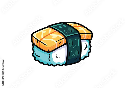 Delicious Cartoon Sushi Nigiri with Salmon Topping and Nori Wrap.