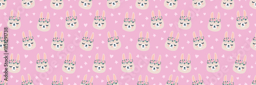Cute seamless pattern with bunny faces wearing floral crowns on a pink background. Adorable girly design with hearts and stars, perfect for kids textiles, wrapping paper, nursery decor, spring prints.