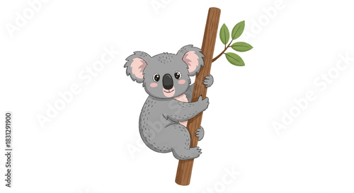 Cute cartoon koala climbing a tree branch with green leaves.