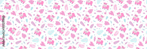 Cute baby hippo animal seamless pattern with adorable safari characters. Seamless childish print perfect for kids pajamas, nursery wallpaper, and textile design projects. Vector illustration