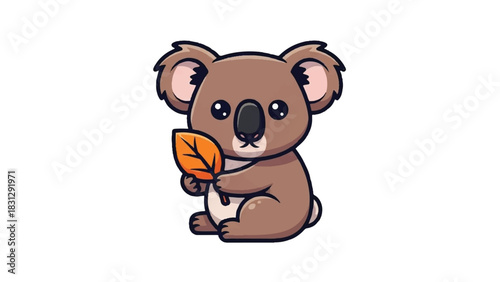 Cute Cartoon Koala Holding an Orange Leaf.