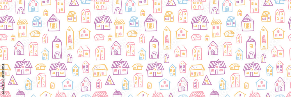 Fototapeta premium A seamless pattern of cute hand-drawn houses in pastel colors. Whimsical baby doodle buildings create a playful, childlike background perfect for wrapping paper, textiles, and home decor. Vector art