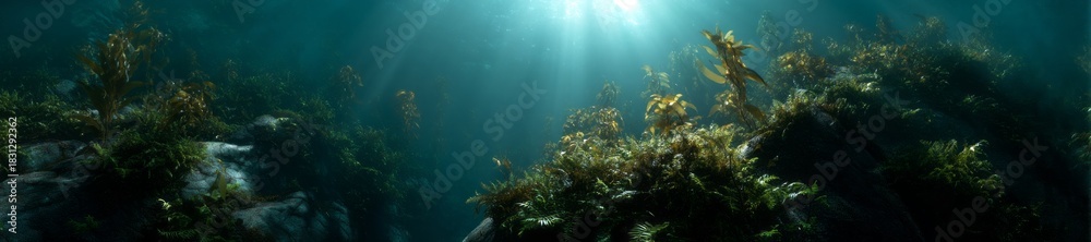 Fototapeta premium Underwater kelp forest exploration ocean depths hdr panoramic view serene environment