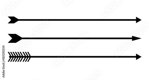 Set of thin straight arrows. Various vector long, black arrows isolated on white background