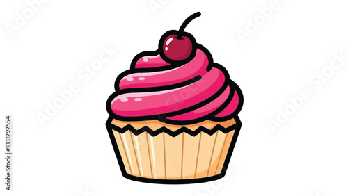 A delicious cupcake with pink frosting and a cherry on top.