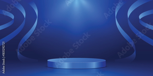 Elegant spotlight blue podium background with ribbon.