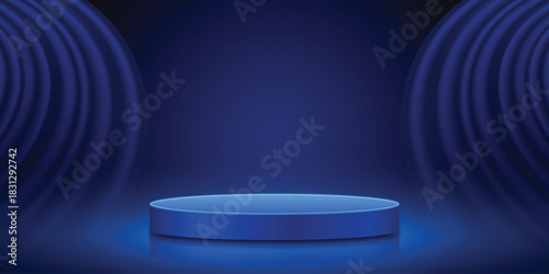 Elegant spotlight blue podium background with curtain open.