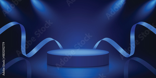Elegant spotlight blue podium background with ribbon.