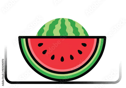 Stylized illustration of a juicy watermelon slice with seeds.