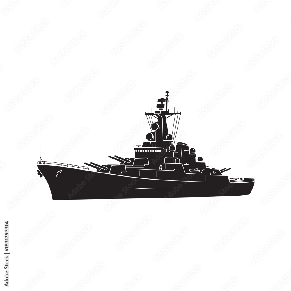 Obraz premium Battleship silhouette vector icon. Naval warship military cruiser ship isolated on white background.