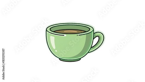 A simple illustration of a green coffee cup filled with a brown beverage.