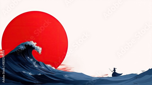 Fototapeta Naklejka Na Ścianę i Meble -  A minimalist illustration featuring a samurai standing in the sea with a sword, a large red sun, and a crashing wave.