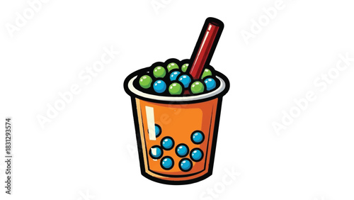 Cartoon Boba Tea with Colorful Pearls and Straw.