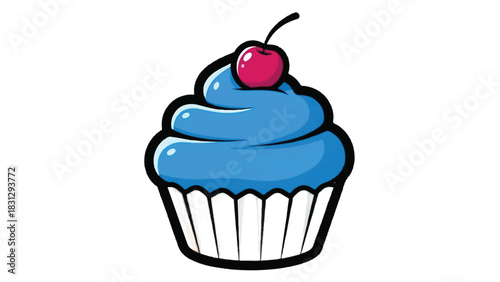 Blue Frosted Cupcake with Cherry Topping Illustration.
