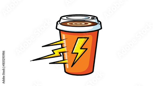 Energetic coffee cup with lightning bolts symbolizing power and speed.