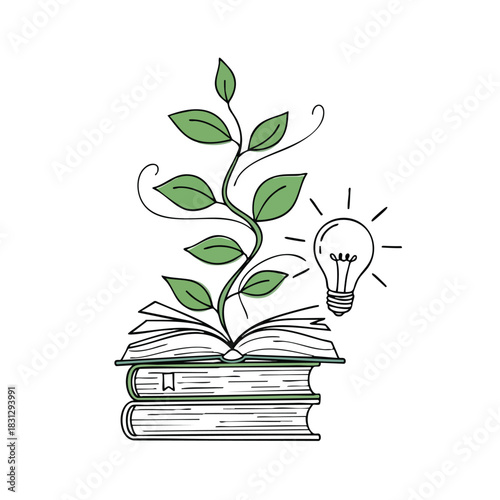 Education Concept Illustration With Growing Knowledge Plant And Idea Light