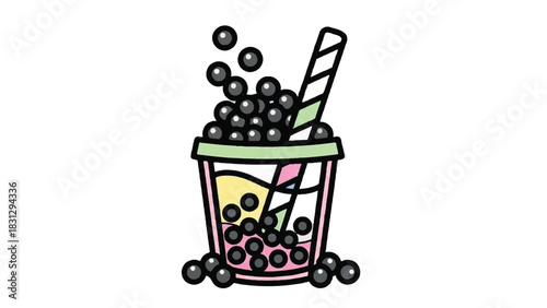 Bubble Tea Drink with Tapioca Pearls and Straw.