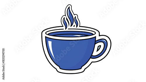 Blue coffee cup with steam rising from hot beverage.
