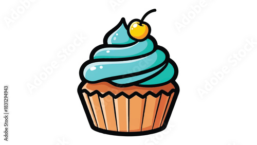 Delicious Blue Frosted Cupcake with Cherry Topping.