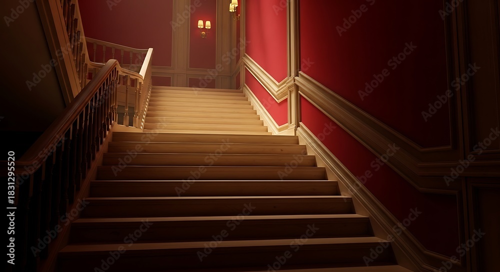 Obraz premium Grand staircase with ornate wooden railing and rich red wall paneling design
