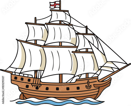 A vector illustration of a historical three-masted wooden sailing ship with full white sails and a flag bearing a red cross, riding on blue waves.