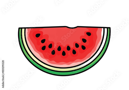 A vibrant slice of watermelon with black seeds and green rind.