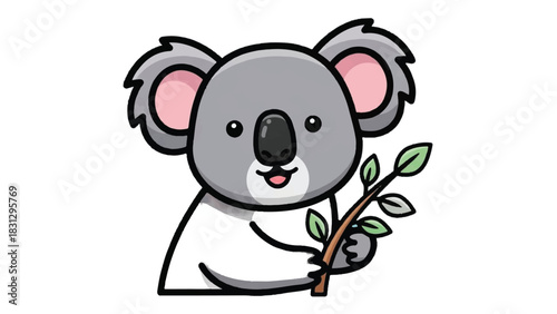 Cute Koala Holding Eucalyptus Leaves Cartoon Illustration.
