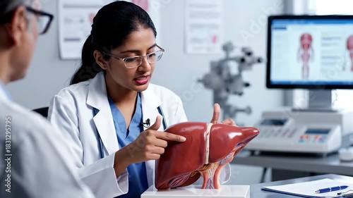 Female Doctor Explains Liver Condition to Patient Using Anatomical Model.