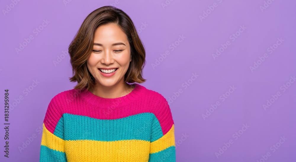 Fototapeta premium Joyful young Asian woman with a radiant smile and closed eyes, wearing a bright multi-colored striped sweater on a vibrant purple background.
