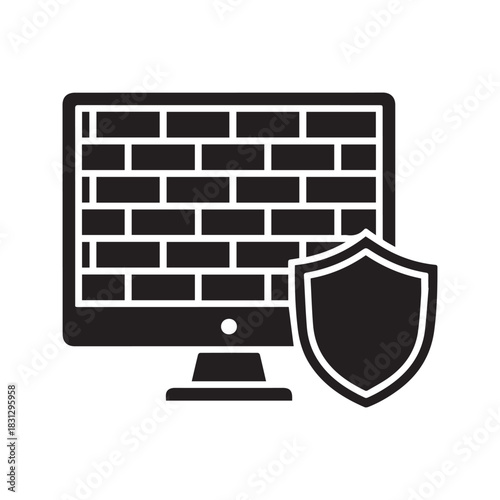 Firewall black glyph icon. Network security and data protection symbol. Computer monitor with brick wall and shield representing cybersecurity and system defense.
