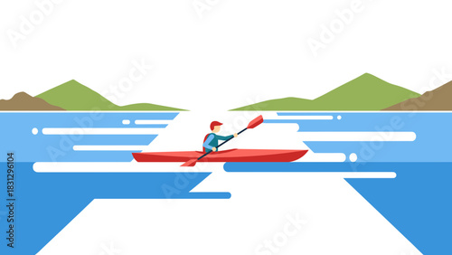 Man kayaking on a serene lake with mountains, enjoying the peace of nature, perfect for outdoor adventure promotions and summer vacation campaigns