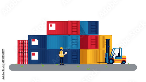 Efficient logistics and global trade with colorful shipping containers, forklift and worker, perfect for illustrating supply chain solutions and international transport