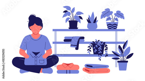 Woman folding clothes with zen style, creating a tidy home, promoting calmness and organization, perfect for lifestyle and home organization content