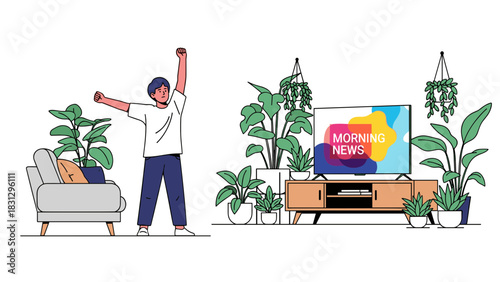 Wake up with the Morning News! Get energized watching TV in a modern living room full of plants, a relaxing start to your day, good morning vibes