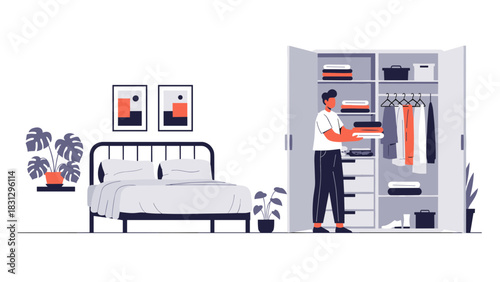 Man organizing clothes in modern bedroom closet, creating a tidy and peaceful space for relaxation and rest, ideal for home organization content
