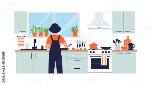 Woman cooking in a modern kitchen, preparing a healthy meal at home, a domestic culinary scene with fresh ingredients and clean, minimalist design