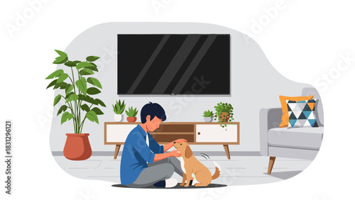 Heartwarming moment of a man bonding with his loyal dog in a cozy, modern living room, radiating comfort and companionship, perfect for lifestyle branding