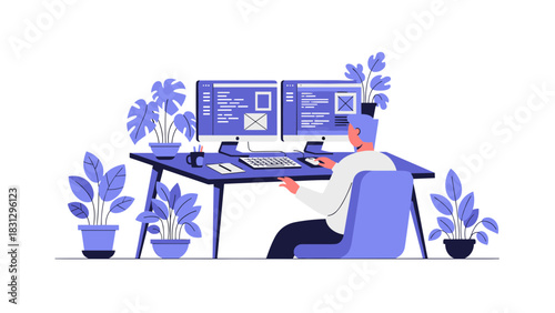 Software developer coding with dual monitors in a plant-filled office, creating a productive and vibrant workspace, coding, programming, and design