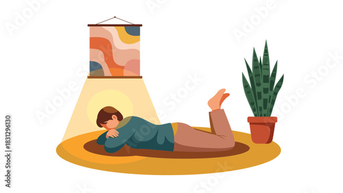 Peaceful relaxation, person takes a nap on a rug under warm light and decor, creating a cozy and relaxing atmosphere in a stylish room, sleep concept