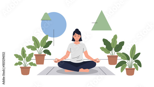 Find Inner Peace with this Woman Meditating in a Serene Yoga Studio, Perfect for Promoting Wellness and Stress Relief with Nature and Geometric Harmony