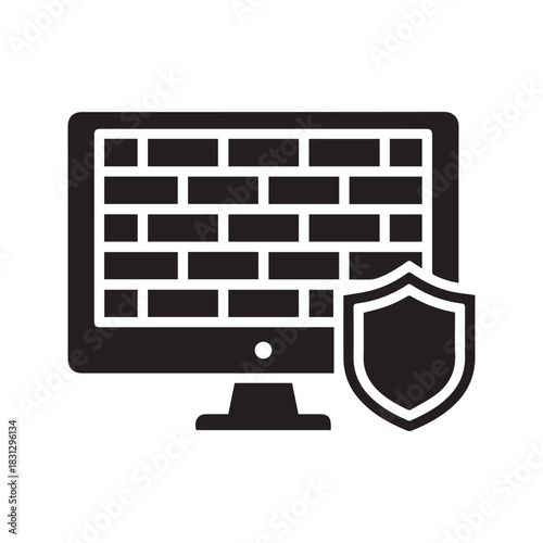 Firewall black glyph icon. Network security and data protection symbol. Computer monitor with brick wall and shield representing cybersecurity and system defense.
