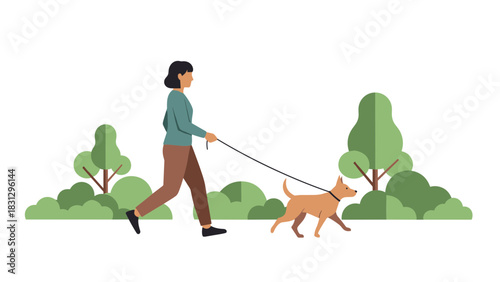 Enjoyable afternoon stroll with a furry friend in lush green park, promoting wellness and companionship, originally a scalable vector graphic