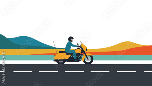 Stylish motorcycle road trip graphic with rider cruising into the sunset, showcasing adventure and freedom, great for travel blogs and promotional materials